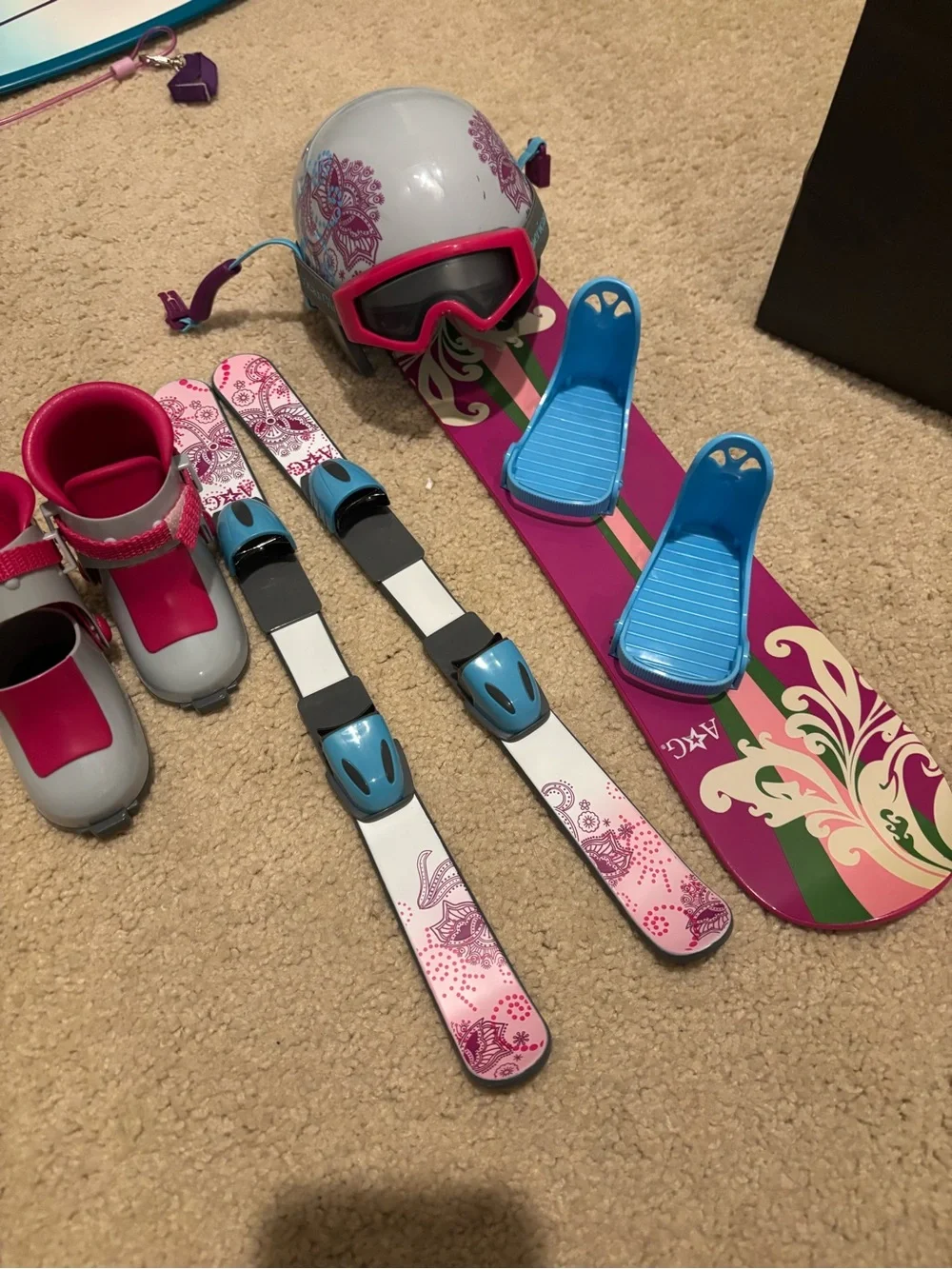 American Girl Pink Purple Blue Snowboard and Ski Set